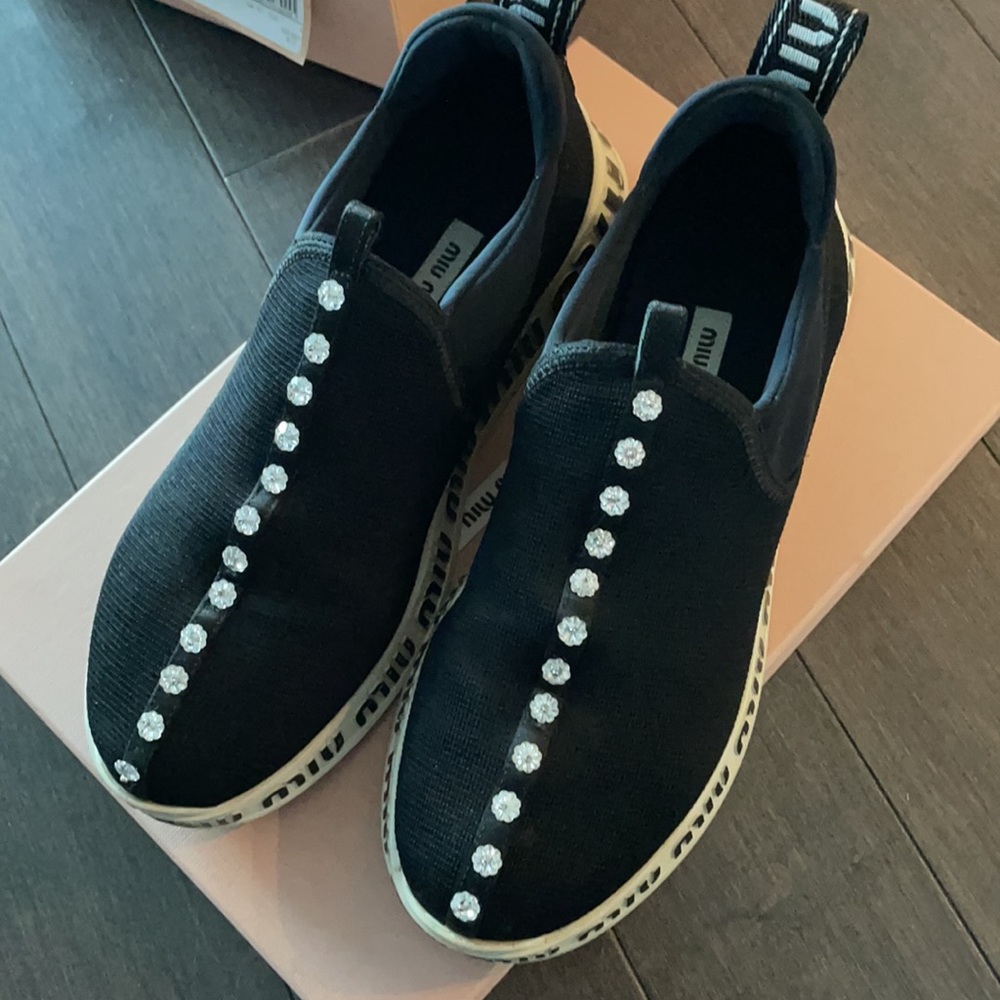 Miu Miu Knit Slip-on Sneakers With Crystals-Black